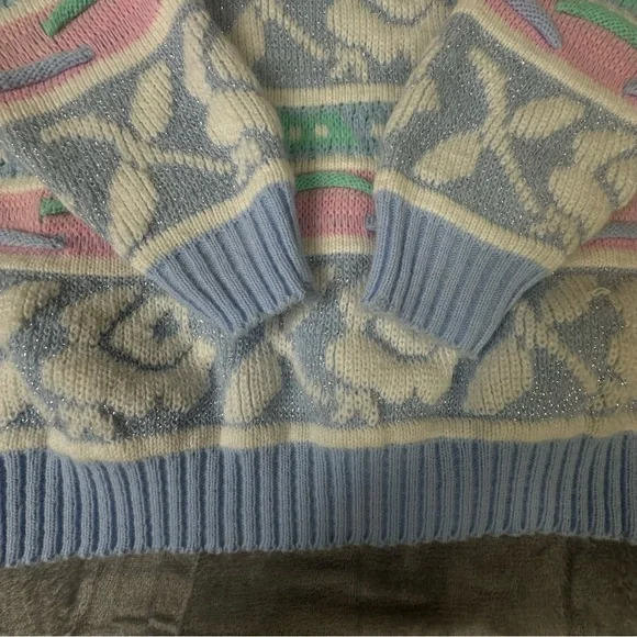 VTG 80s 90s Rose Textured 3D Knit Sweater Wms M NO SIZE TAG USA Pastel Glitter - Picture 3 of 14